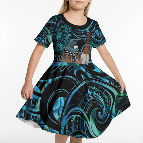 New Zealand Tui Bird Taiaha Kid Short Sleeve Dress Maori Weapon Paua Shell Mix Silver Fern
