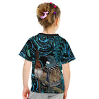 New Zealand Tui Bird Taiaha Kid T Shirt Maori Weapon Paua Shell Mix Silver Fern