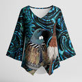 New Zealand Tui Bird Taiaha Kimono Sleeve Blouse Maori Weapon Paua Shell Mix Silver Fern
