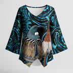 New Zealand Tui Bird Taiaha Kimono Sleeve Blouse Maori Weapon Paua Shell Mix Silver Fern