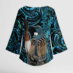 New Zealand Tui Bird Taiaha Kimono Sleeve Blouse Maori Weapon Paua Shell Mix Silver Fern