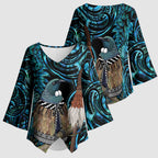 New Zealand Tui Bird Taiaha Kimono Sleeve Blouse Maori Weapon Paua Shell Mix Silver Fern