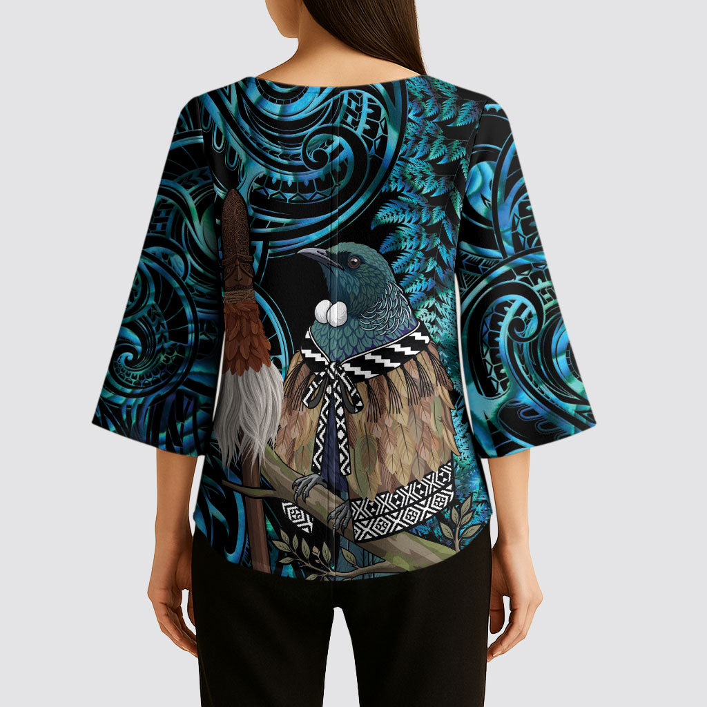 New Zealand Tui Bird Taiaha Kimono Sleeve Blouse Maori Weapon Paua Shell Mix Silver Fern