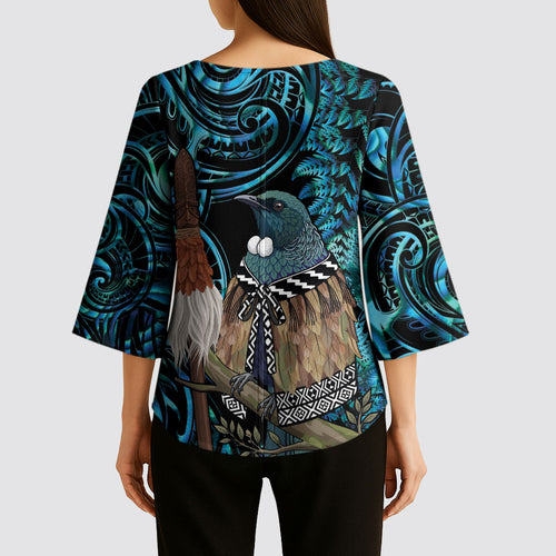 New Zealand Tui Bird Taiaha Kimono Sleeve Blouse Maori Weapon Paua Shell Mix Silver Fern