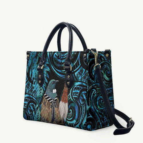 New Zealand Tui Bird Taiaha Leather Bag Maori Weapon Paua Shell Mix Silver Fern