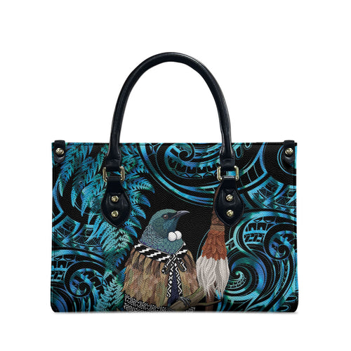 New Zealand Tui Bird Taiaha Leather Bag Maori Weapon Paua Shell Mix Silver Fern