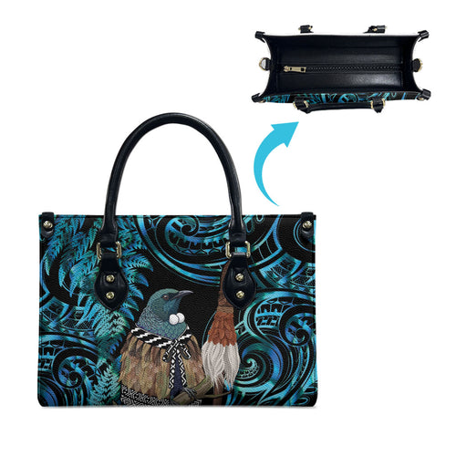 New Zealand Tui Bird Taiaha Leather Bag Maori Weapon Paua Shell Mix Silver Fern
