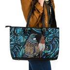 New Zealand Tui Bird Taiaha Leather Tote Bag Maori Weapon Paua Shell Mix Silver Fern