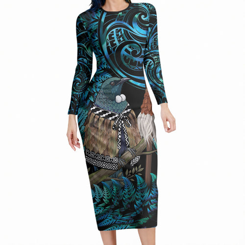 New Zealand Tui Bird Taiaha Long Sleeve Bodycon Dress Maori Weapon Paua Shell Mix Silver Fern