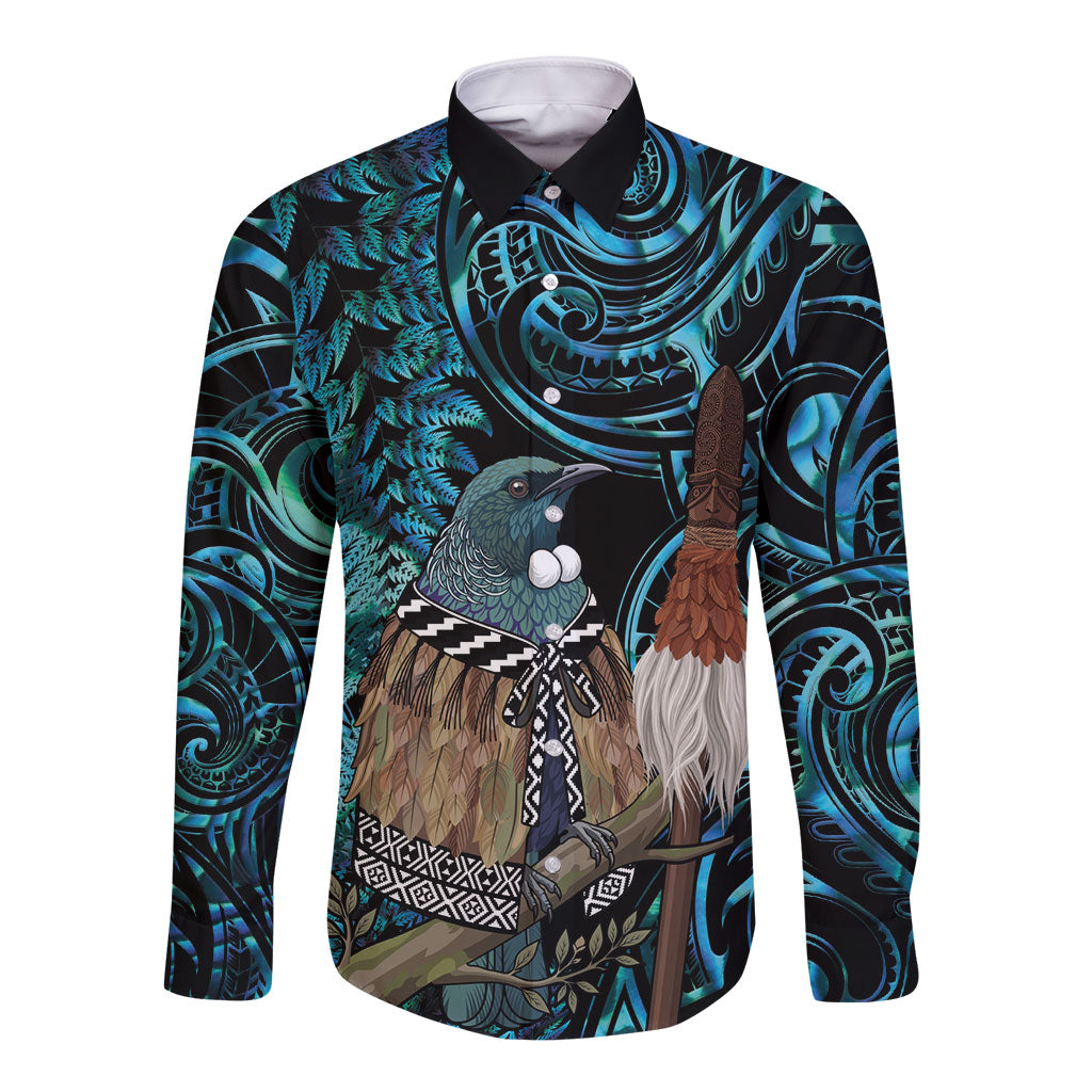 New Zealand Tui Bird Taiaha Long Sleeve Button Shirt Maori Weapon Paua Shell Mix Silver Fern