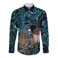 New Zealand Tui Bird Taiaha Long Sleeve Button Shirt Maori Weapon Paua Shell Mix Silver Fern