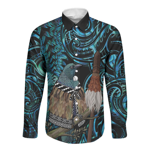 New Zealand Tui Bird Taiaha Long Sleeve Button Shirt Maori Weapon Paua Shell Mix Silver Fern