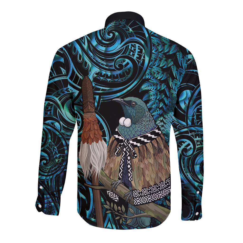 New Zealand Tui Bird Taiaha Long Sleeve Button Shirt Maori Weapon Paua Shell Mix Silver Fern