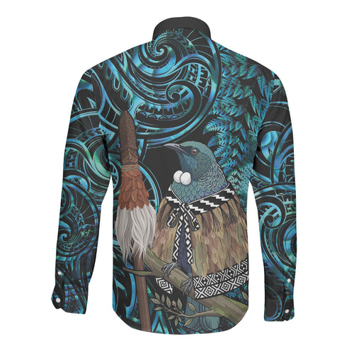 New Zealand Tui Bird Taiaha Long Sleeve Button Shirt Maori Weapon Paua Shell Mix Silver Fern
