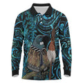 New Zealand Tui Bird Taiaha Long Sleeve Polo Shirt Maori Weapon Paua Shell Mix Silver Fern