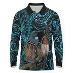 New Zealand Tui Bird Taiaha Long Sleeve Polo Shirt Maori Weapon Paua Shell Mix Silver Fern