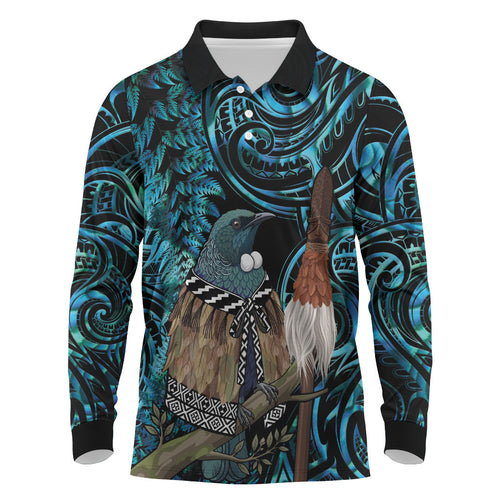New Zealand Tui Bird Taiaha Long Sleeve Polo Shirt Maori Weapon Paua Shell Mix Silver Fern