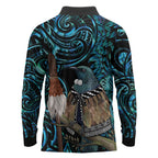 New Zealand Tui Bird Taiaha Long Sleeve Polo Shirt Maori Weapon Paua Shell Mix Silver Fern