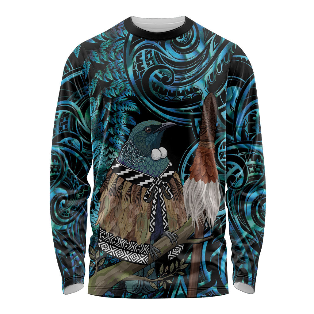New Zealand Tui Bird Taiaha Long Sleeve Shirt Maori Weapon Paua Shell Mix Silver Fern