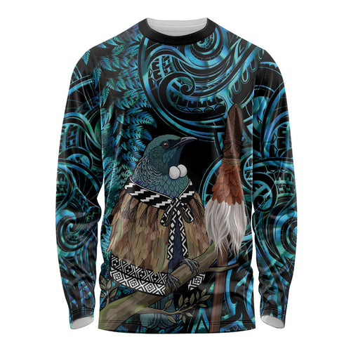 New Zealand Tui Bird Taiaha Long Sleeve Shirt Maori Weapon Paua Shell Mix Silver Fern