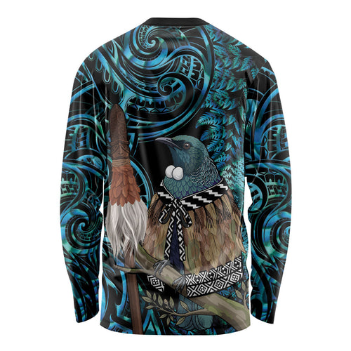 New Zealand Tui Bird Taiaha Long Sleeve Shirt Maori Weapon Paua Shell Mix Silver Fern
