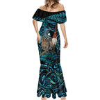 New Zealand Tui Bird Taiaha Mermaid Dress Maori Weapon Paua Shell Mix Silver Fern