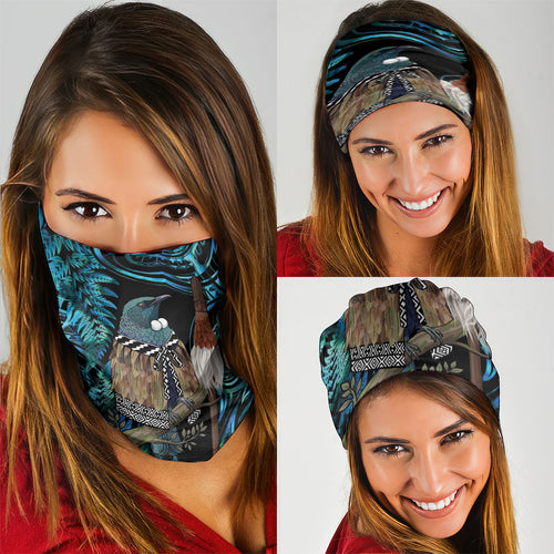New Zealand Tui Bird Taiaha Neck Gaiter Maori Weapon Paua Shell Mix Silver Fern