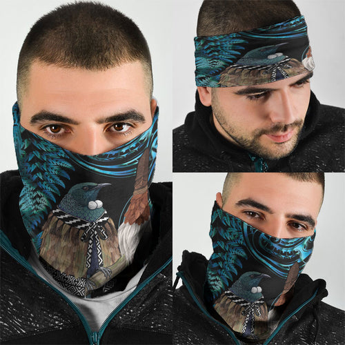 New Zealand Tui Bird Taiaha Neck Gaiter Maori Weapon Paua Shell Mix Silver Fern