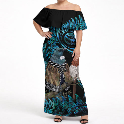 New Zealand Tui Bird Taiaha Off Shoulder Maxi Dress Maori Weapon Paua Shell Mix Silver Fern