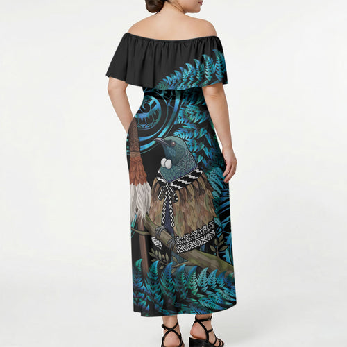New Zealand Tui Bird Taiaha Off Shoulder Maxi Dress Maori Weapon Paua Shell Mix Silver Fern
