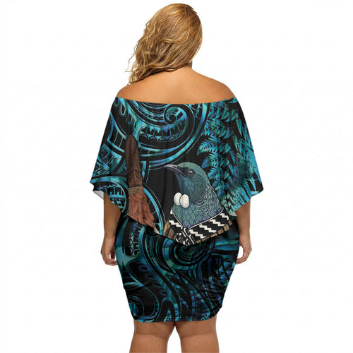 New Zealand Tui Bird Taiaha Off Shoulder Short Dress Maori Weapon Paua Shell Mix Silver Fern