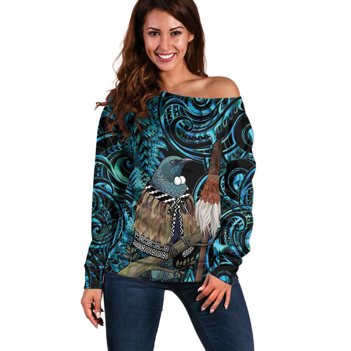 New Zealand Tui Bird Taiaha Off Shoulder Sweater Maori Weapon Paua Shell Mix Silver Fern