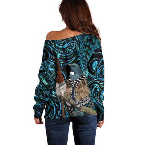 New Zealand Tui Bird Taiaha Off Shoulder Sweater Maori Weapon Paua Shell Mix Silver Fern