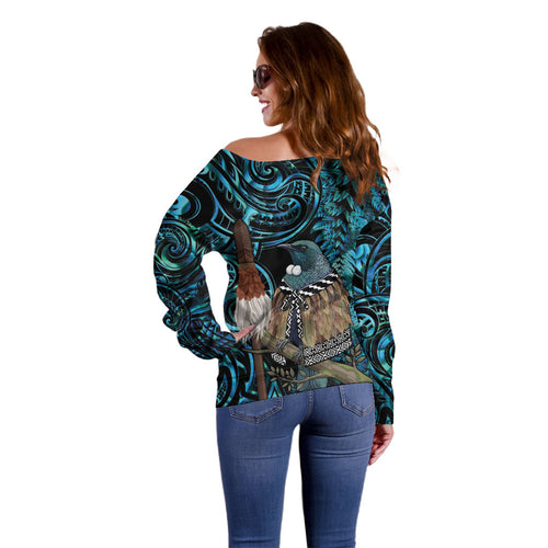 New Zealand Tui Bird Taiaha Off Shoulder Sweater Maori Weapon Paua Shell Mix Silver Fern