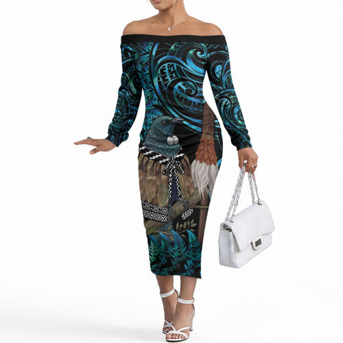 New Zealand Tui Bird Taiaha Off The Shoulder Long Sleeve Dress Maori Weapon Paua Shell Mix Silver Fern