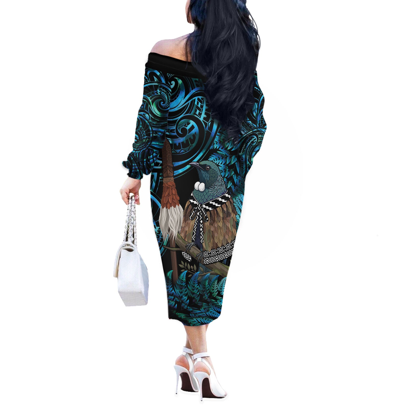 New Zealand Tui Bird Taiaha Off The Shoulder Long Sleeve Dress Maori Weapon Paua Shell Mix Silver Fern
