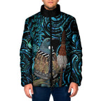 New Zealand Tui Bird Taiaha Padded Jacket Maori Weapon Paua Shell Mix Silver Fern