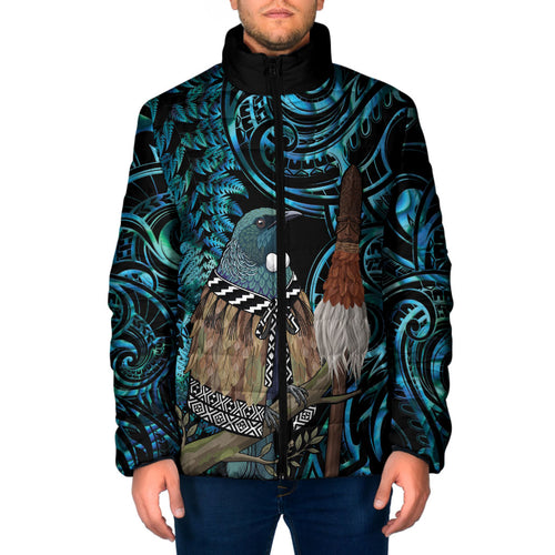 New Zealand Tui Bird Taiaha Padded Jacket Maori Weapon Paua Shell Mix Silver Fern