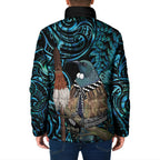 New Zealand Tui Bird Taiaha Padded Jacket Maori Weapon Paua Shell Mix Silver Fern