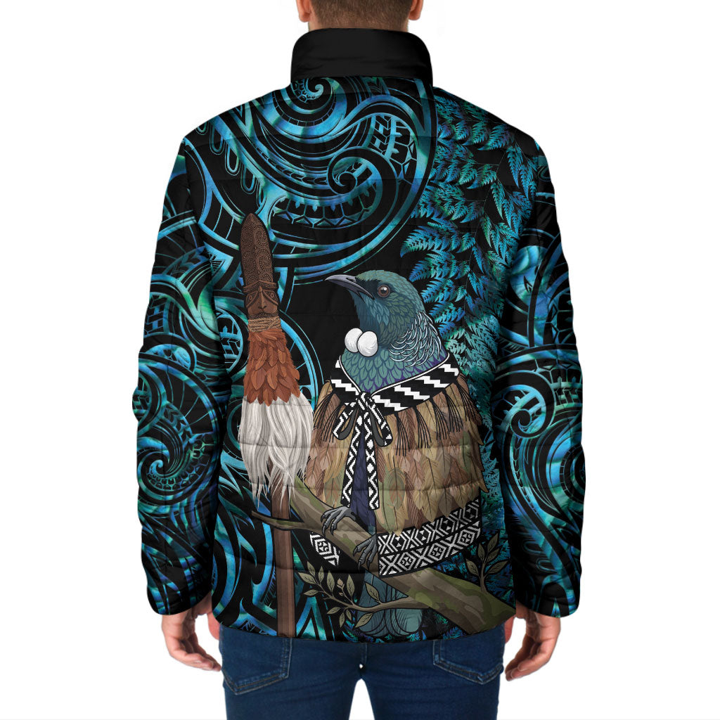 New Zealand Tui Bird Taiaha Padded Jacket Maori Weapon Paua Shell Mix Silver Fern