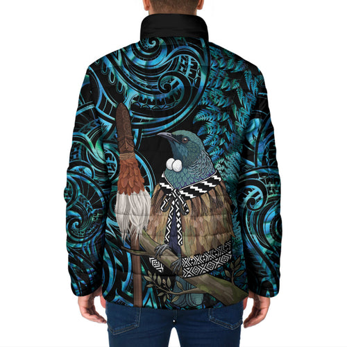 New Zealand Tui Bird Taiaha Padded Jacket Maori Weapon Paua Shell Mix Silver Fern