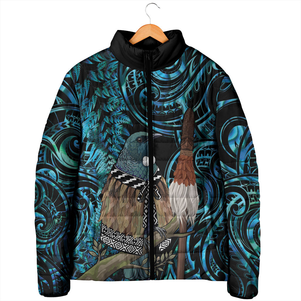 New Zealand Tui Bird Taiaha Padded Jacket Maori Weapon Paua Shell Mix Silver Fern