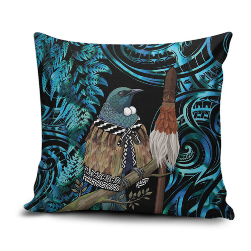 New Zealand Tui Bird Taiaha Pillow Cover Maori Weapon Paua Shell Mix Silver Fern