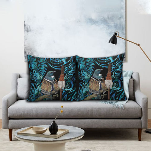 New Zealand Tui Bird Taiaha Pillow Cover Maori Weapon Paua Shell Mix Silver Fern