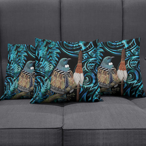 New Zealand Tui Bird Taiaha Pillow Cover Maori Weapon Paua Shell Mix Silver Fern
