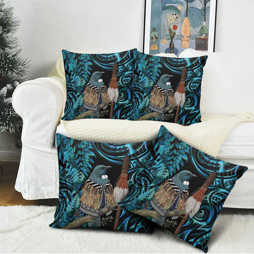 New Zealand Tui Bird Taiaha Pillow Cover Maori Weapon Paua Shell Mix Silver Fern