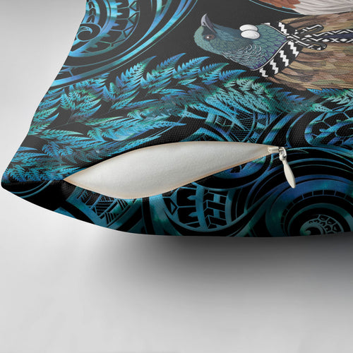 New Zealand Tui Bird Taiaha Pillow Cover Maori Weapon Paua Shell Mix Silver Fern