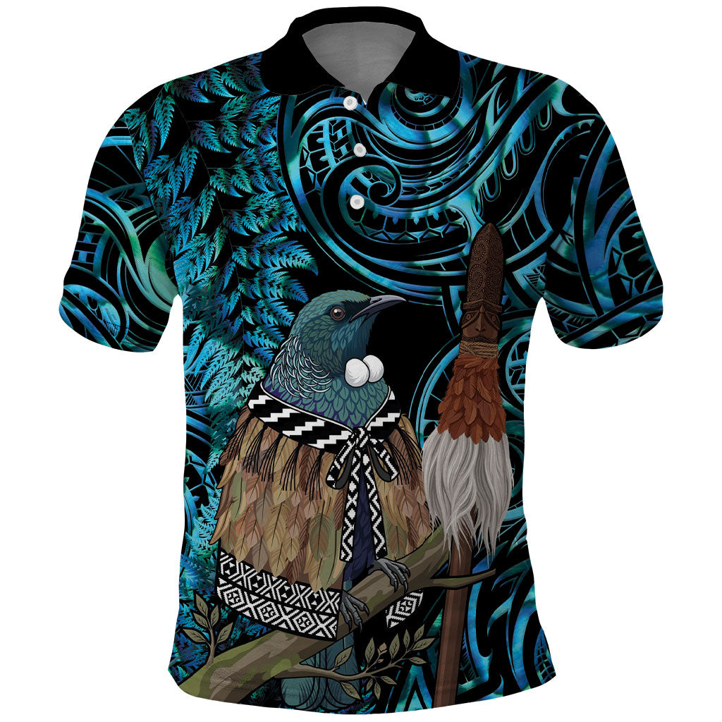 New Zealand Tui Bird Taiaha Polo Shirt Maori Weapon Paua Shell Mix Silver Fern
