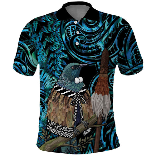 New Zealand Tui Bird Taiaha Polo Shirt Maori Weapon Paua Shell Mix Silver Fern