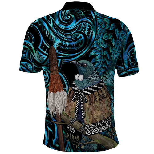New Zealand Tui Bird Taiaha Polo Shirt Maori Weapon Paua Shell Mix Silver Fern